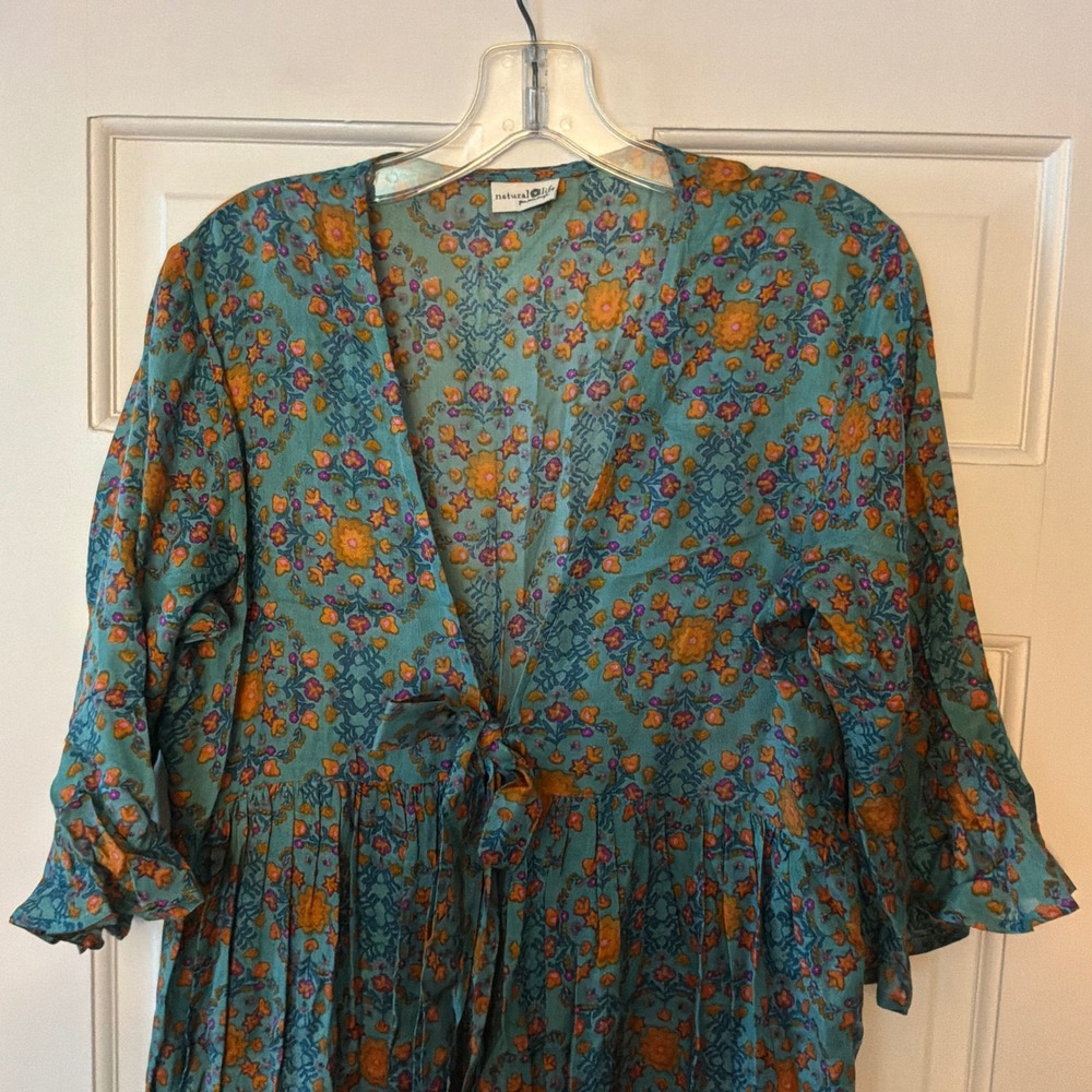 Natural Life Floral Duster Kimono Teal Blue Boho Festival Top best fits M - Picture 3 of 7